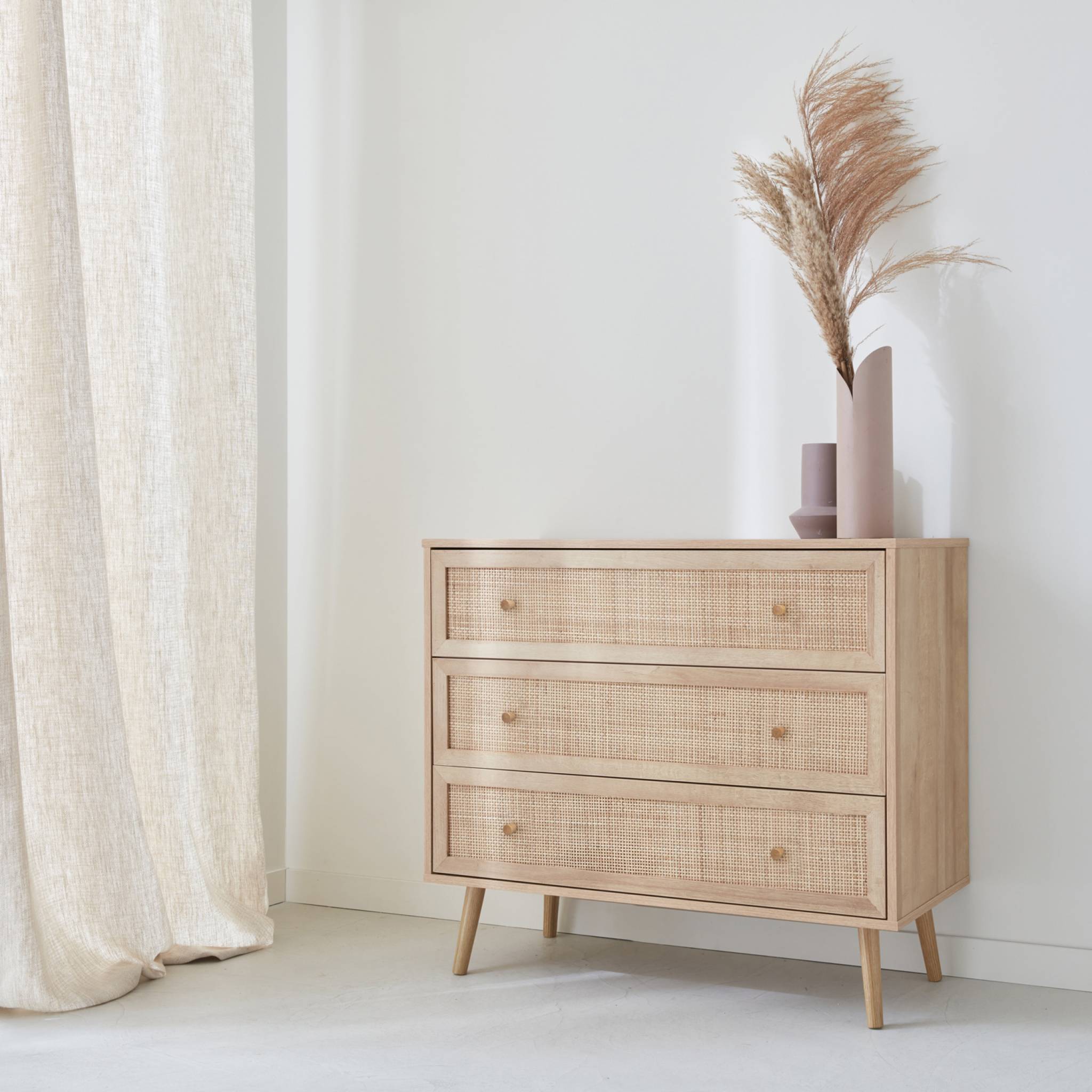 Commode en décor bois et cannage 90x39x79cm - Bohème - 3 tiroirs