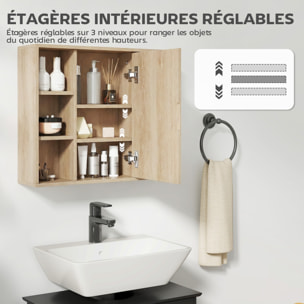 Armoire miroir salle de bain porte 4 étagères latérales 2 étagères intérieures effet bois clair naturel