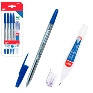 SET DE ESCRITURA: 4 bolígrafos azules y 1 corrector líquido tipo bolígrafo.