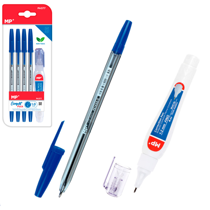 SET DE ESCRITURA: 4 bolígrafos azules y 1 corrector líquido tipo bolígrafo.