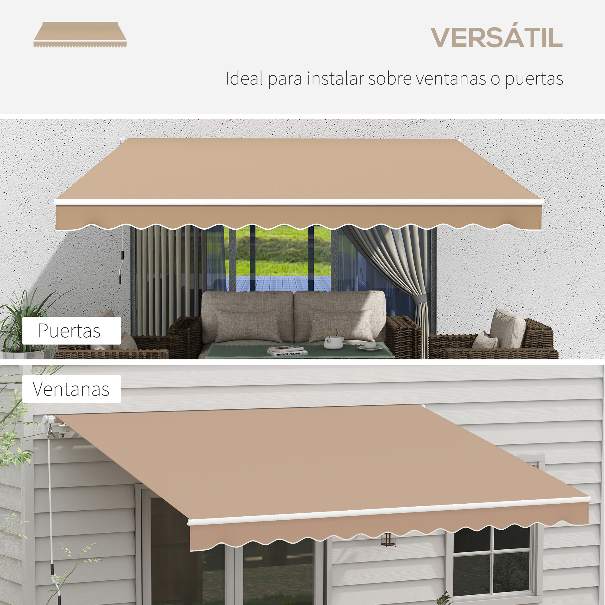 Toldo Manual Retráctil 350x250 cm Toldo para Balcón con Manivela de Metal Impermeable y Anti-UV Toldo Enrollable de Exterior para Jardín Terraza Ventanas Marrón