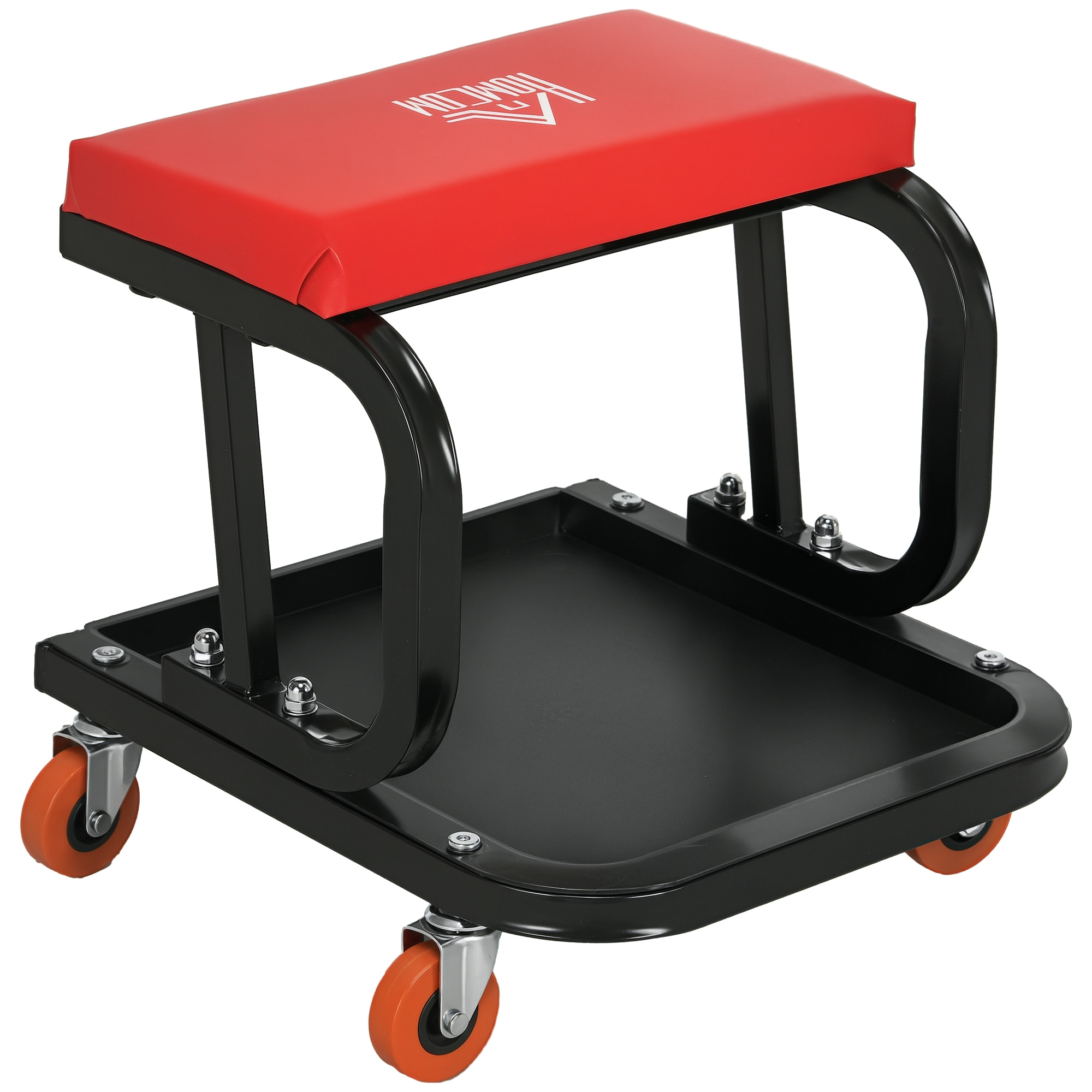 Taburete de Taller Móvil con Ruedas, Asiento Taburete para Mecánico con Bandeja para Herramientas y Estructura de Acero, Carga 100 kg, para Garaje, Reparación de Coches, Rojo