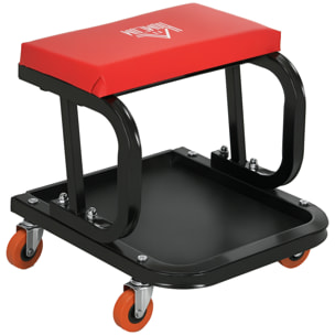 Taburete de Taller Móvil con Ruedas, Asiento Taburete para Mecánico con Bandeja para Herramientas y Estructura de Acero, Carga 100 kg, para Garaje, Reparación de Coches, Rojo