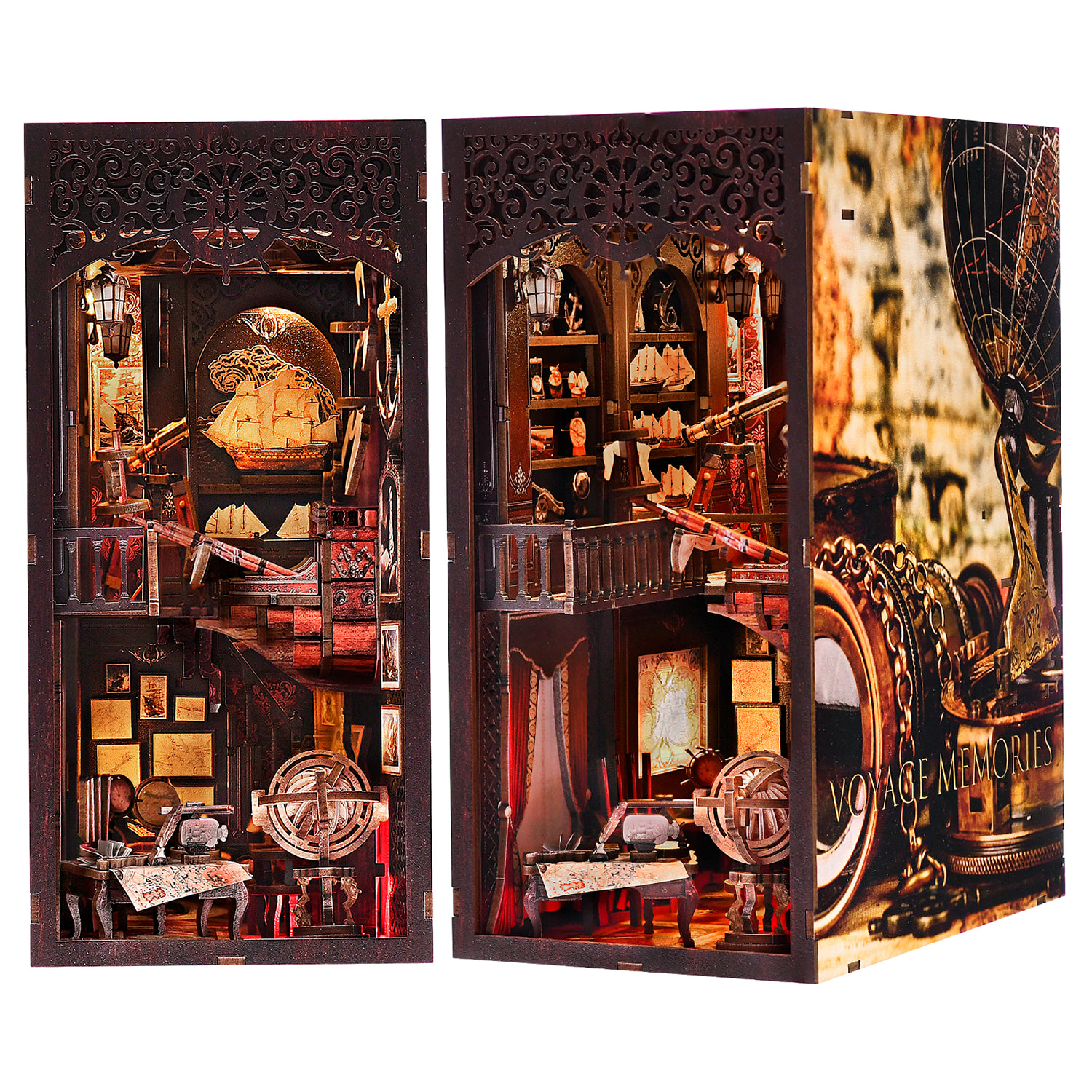 Memoria de navegación. Book Nook de madera, diseño 3D realista con gran detalle, cubierta y luces led.