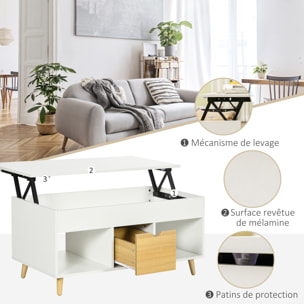 Table basse relevable - tiroir, 2 niches, coffre - dim. 100L x 50l x 49H cm - bois clair blanc