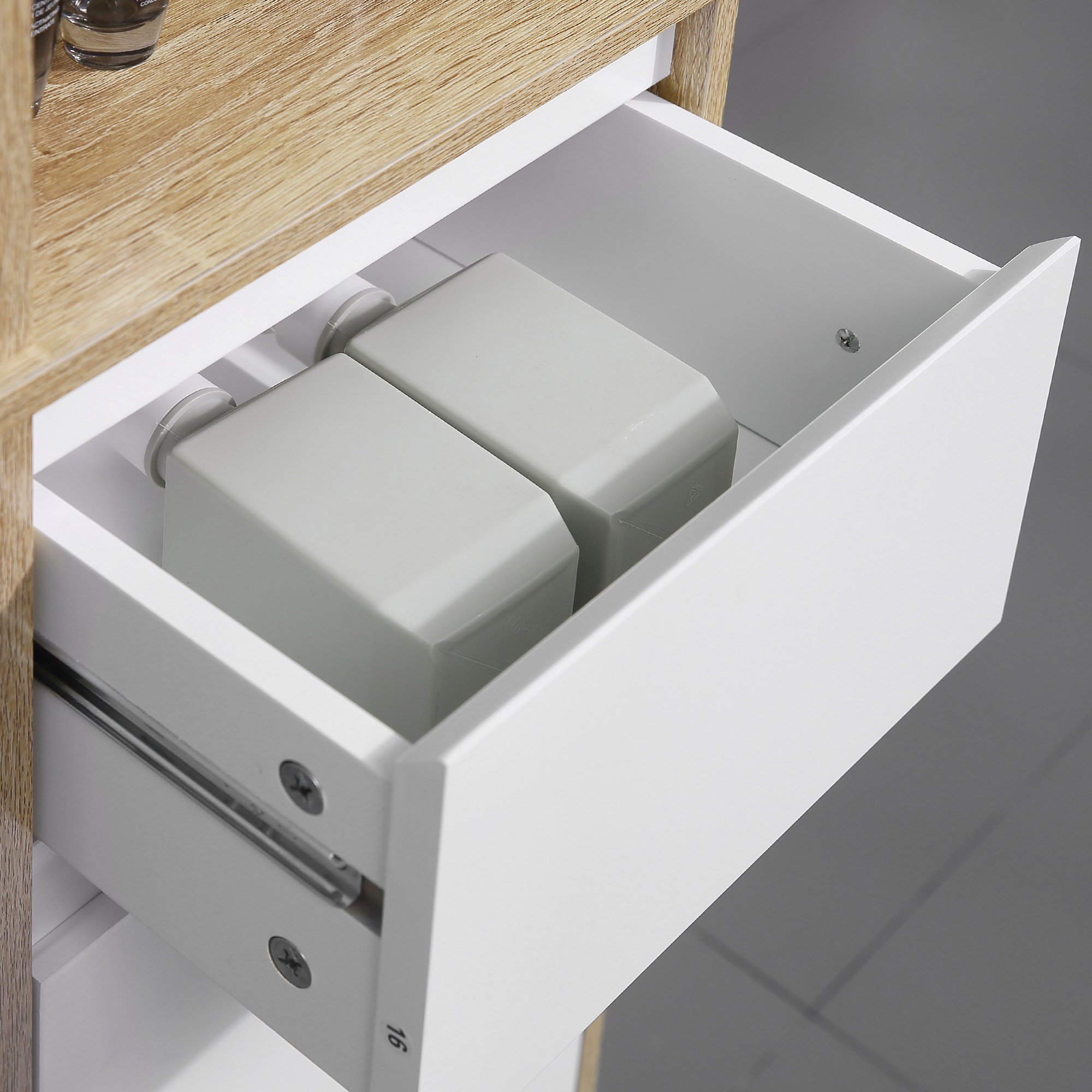 Meuble colonne rangement salle de bain style cosy 3 niches tiroir placard avec étagère blanc aspect chêne clair