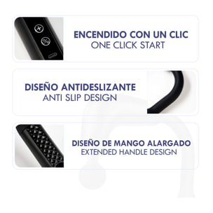 Pistolet de massage en forme de U avec 9 modes et intensités, écran LCD et 4 têtes interchangeables. Avec batterie rechargeable et fonction turbo par pression.