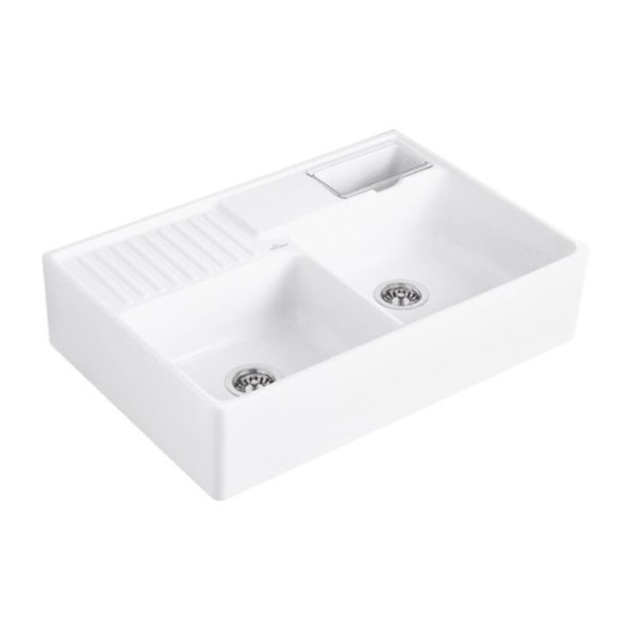 Evier timbre d'office Tradition 2 bacs 89,5 x 63 céramique vidage manuel blanc