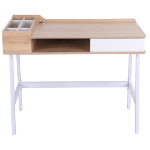 Bureau informatique multi-rangement style contemporain dim. 100L x 55l x 82H cm métal blanc MDF chêne clair