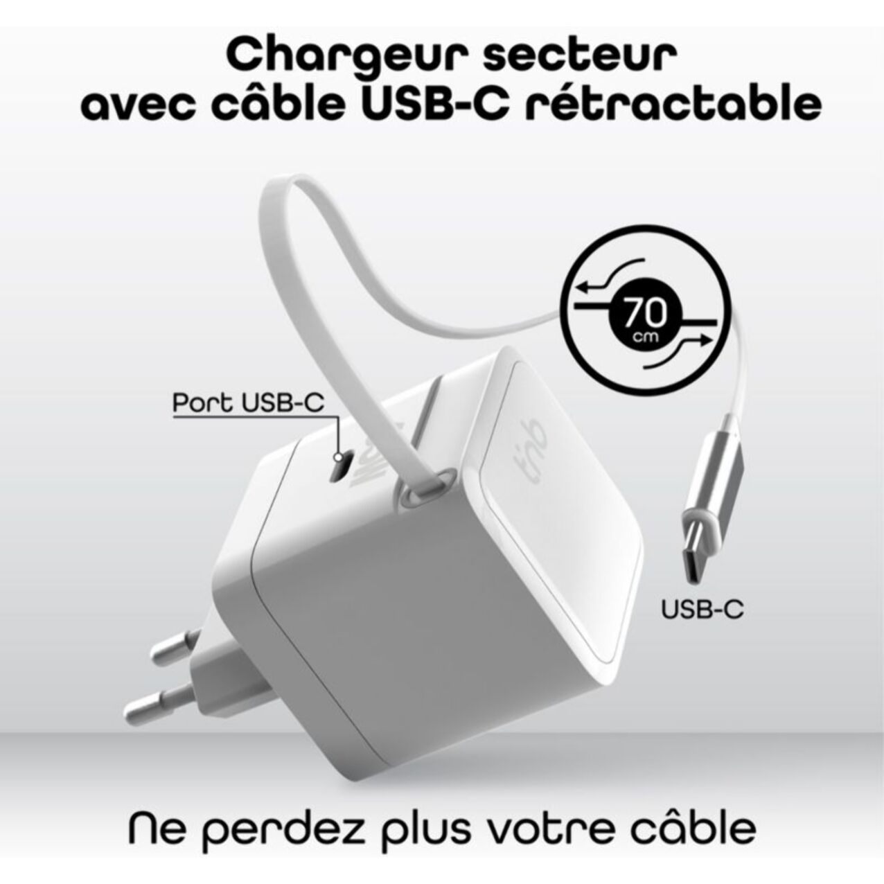 Chargeur + câble TNB GAN USB-C power delivery + cable 70cm