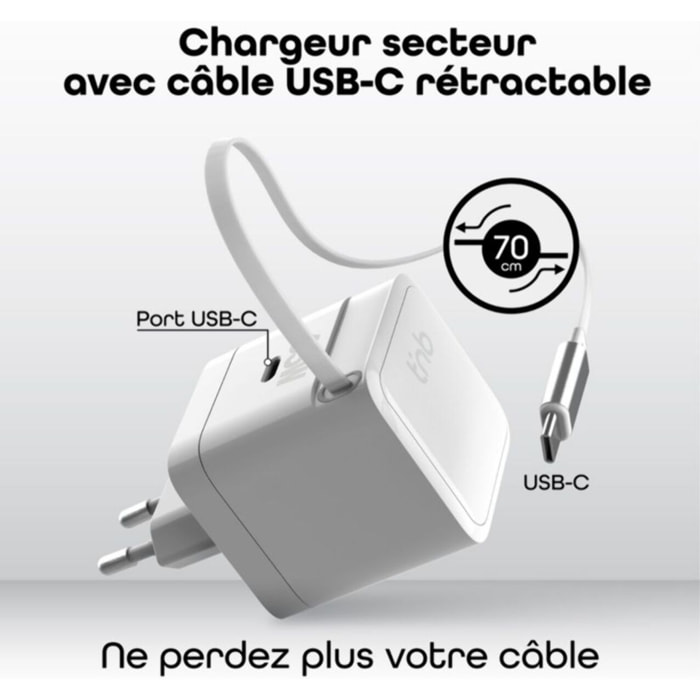 Chargeur + câble TNB GAN USB-C power delivery + cable 70cm