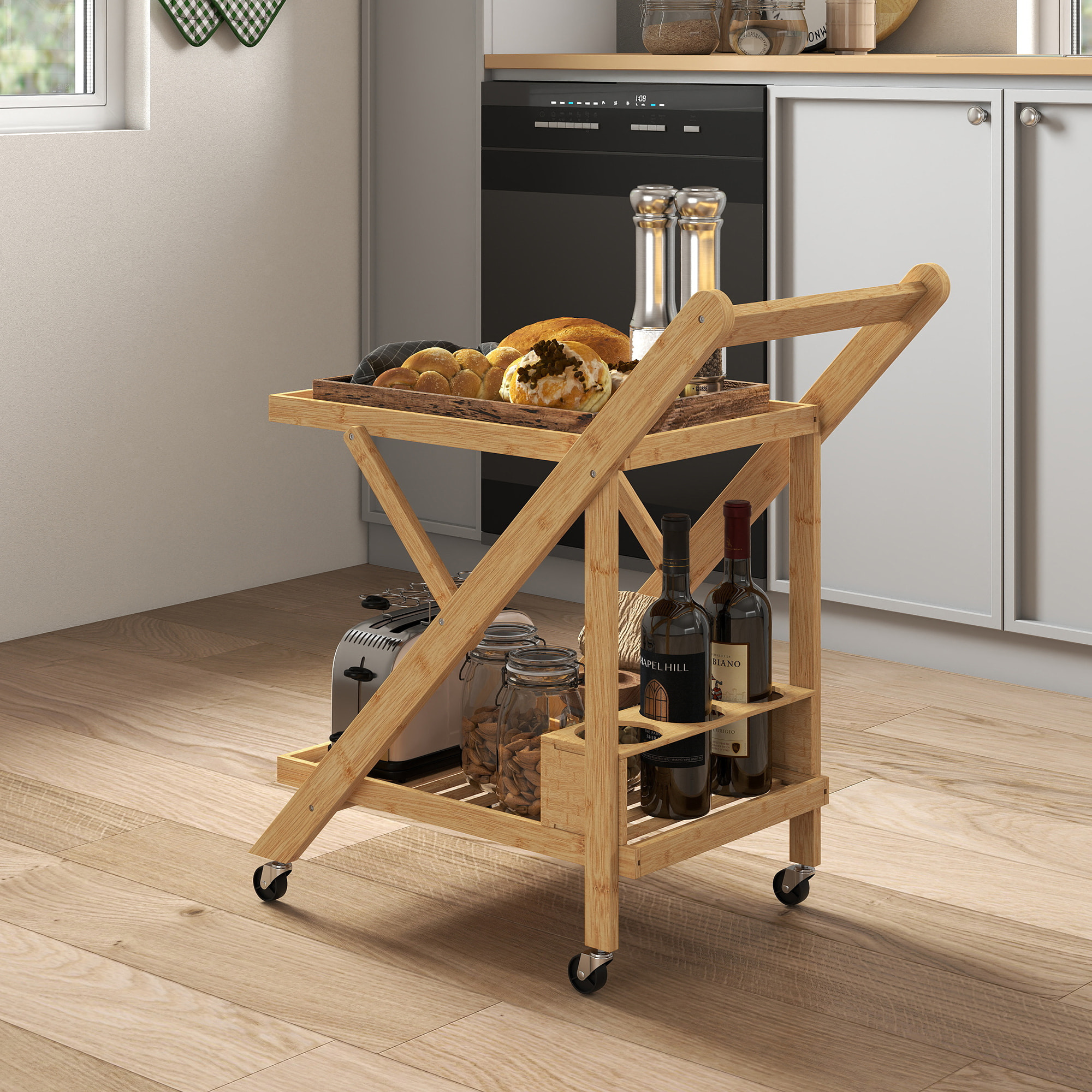 HOMCOM Carrito de Cocina de Bambú con Ruedas, Carro de Cocina Plegable con Soporte para Vino, 2 Estantes, Organizador para Comedor o Salón, 66x40x70 cm, Natural