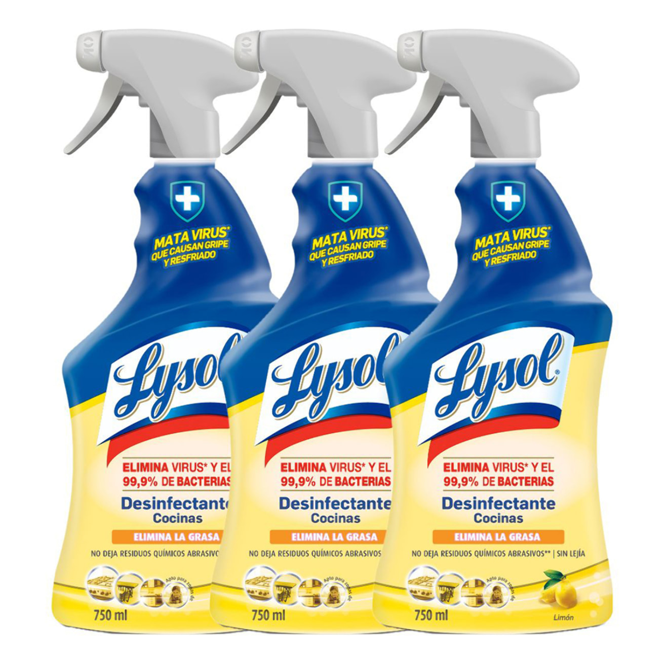 Lysol Limpiador desinfectante quitagrasas cocinas, elimina virus, bacterias sin lejía, aroma limón, spray - Pack 3x750ml