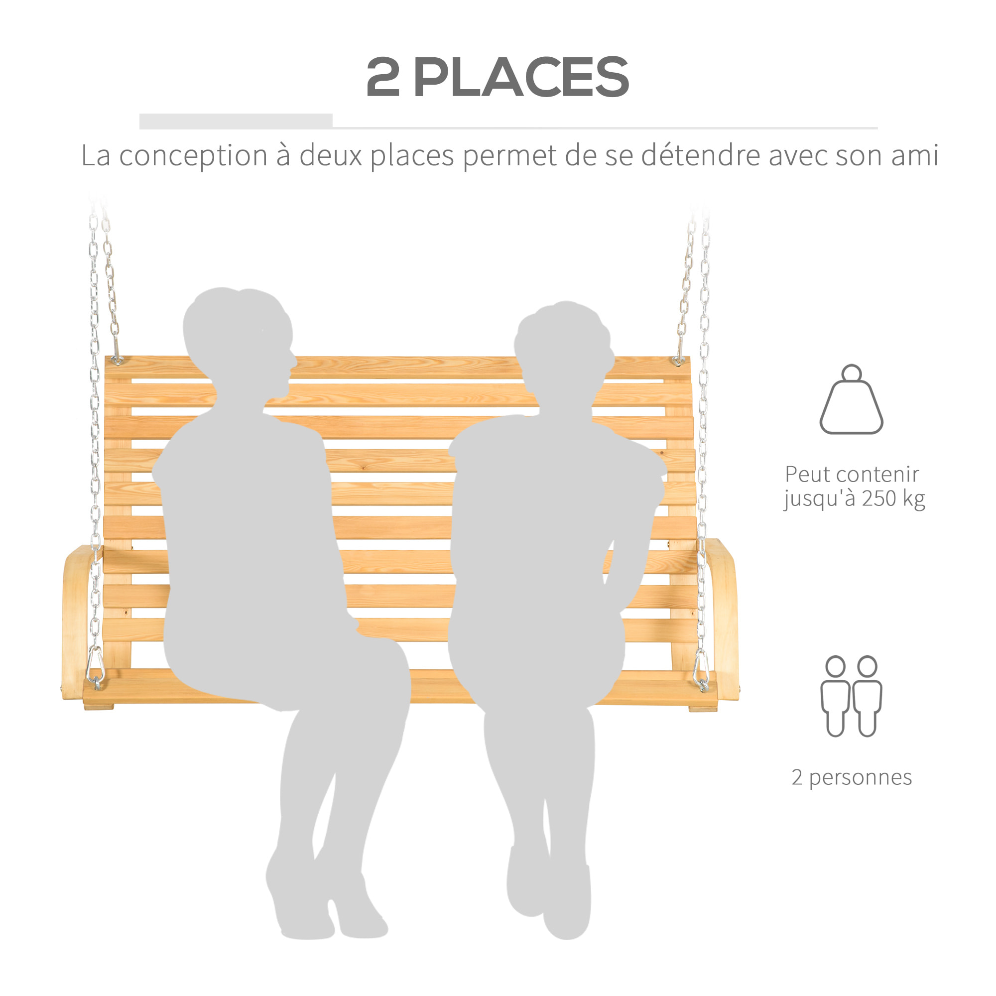 Banc suspendu 2 places balancelle de jardin en bois - chaînes incluses