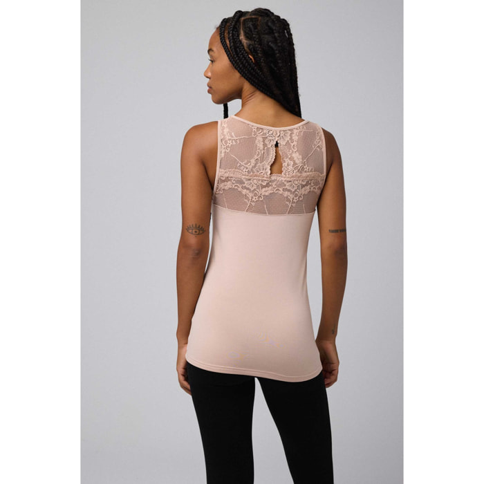 Maglia termica in pizzo senza maniche beige