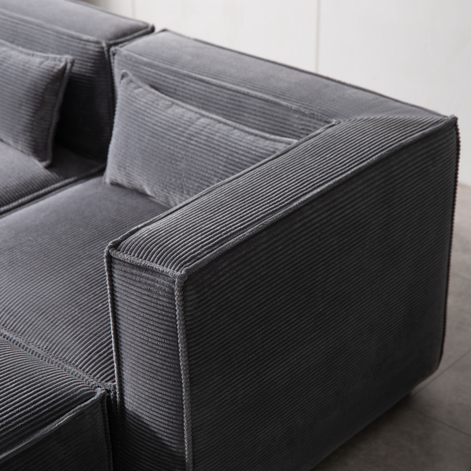 RAMOS Canapé modulable 3 places velours côtelé gris avec pouf