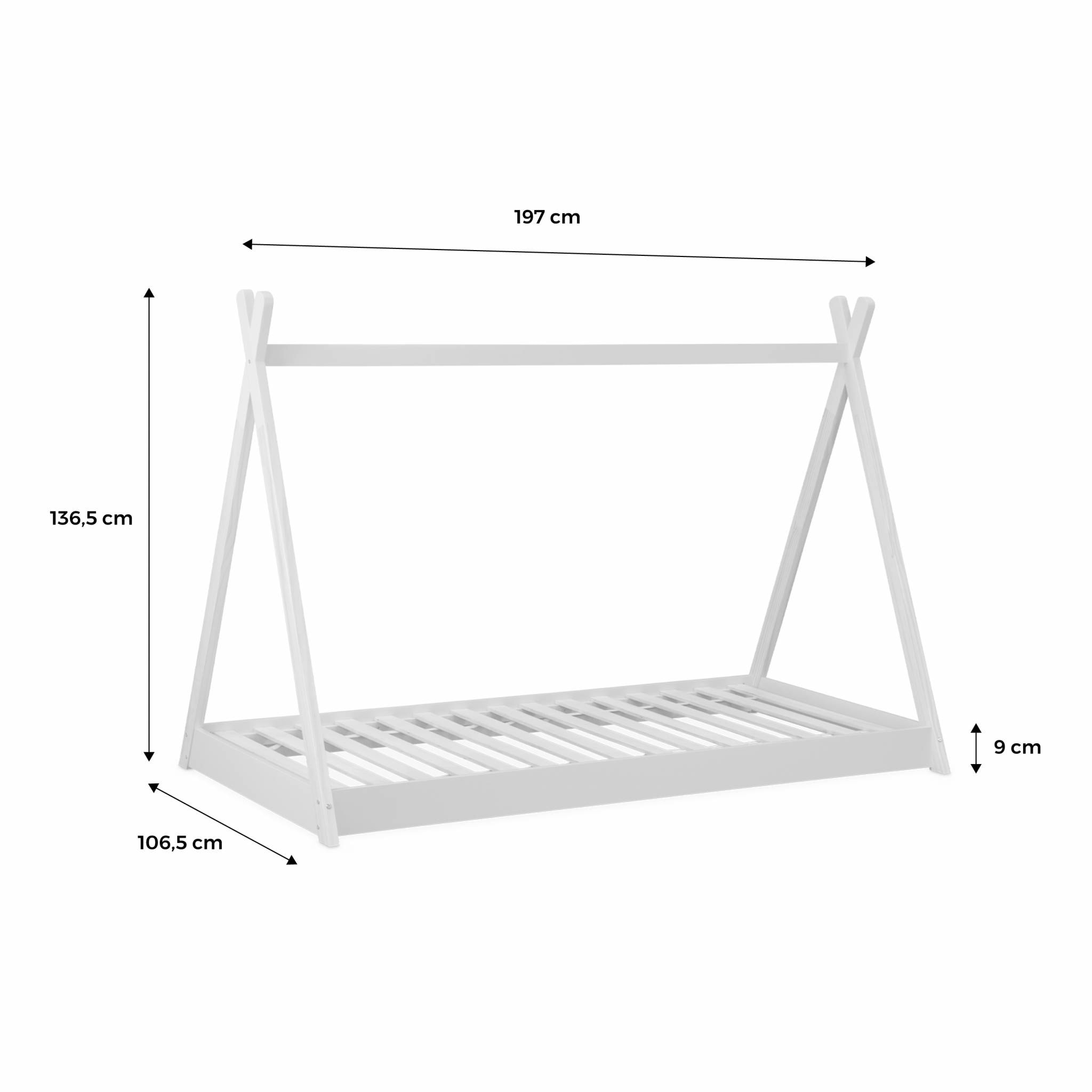 Lit Tipi en bois massif. pin naturel blanc - sommier inclus. 90x190cm - Tobias