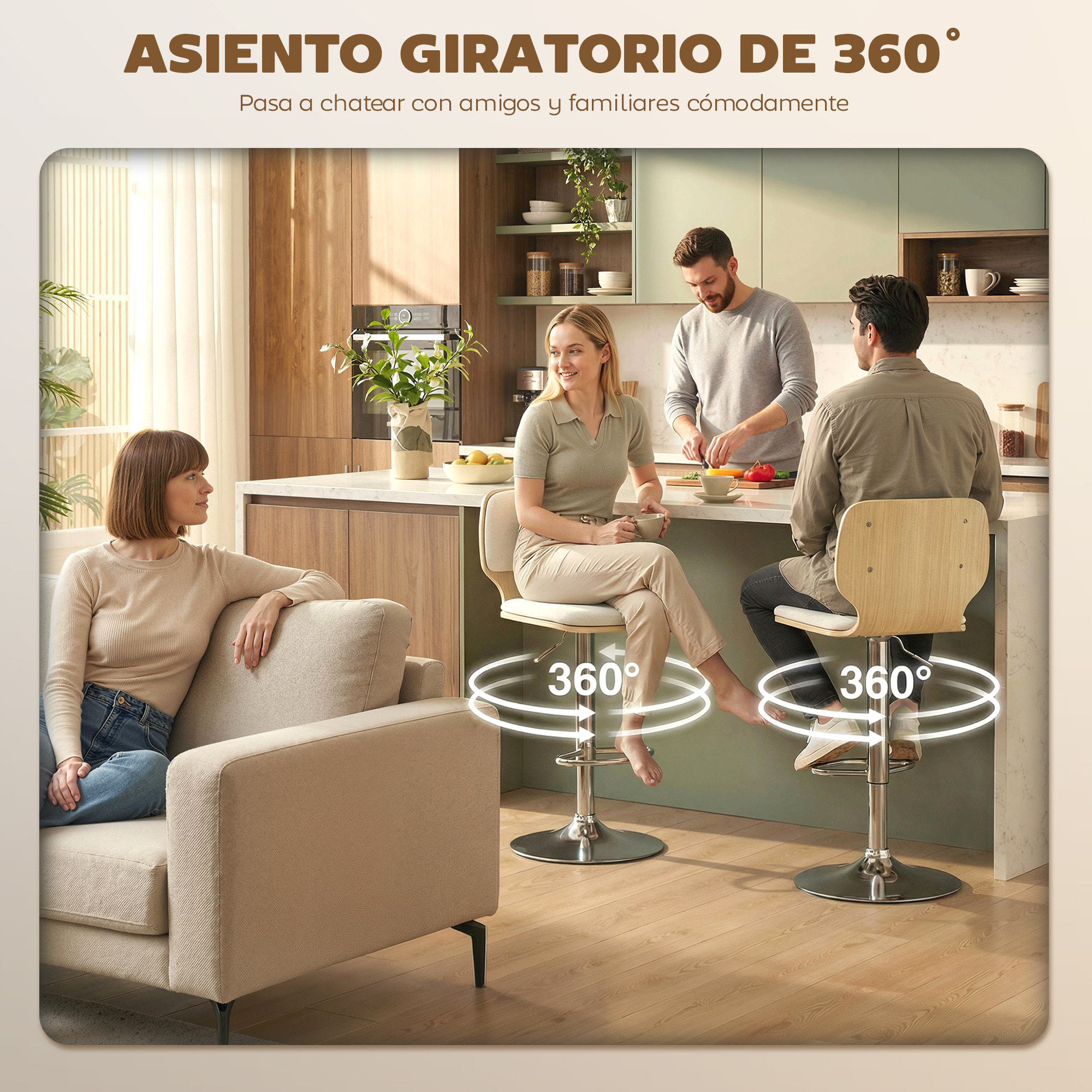 Juego de 2 Taburetes Altos de Cocina Giratorios en 360°, Taburetes de Bar Regulables en Altura de 81-102 cm, Tapizados en Lino, Reposapiés, para Comedor, Mostrador, Beige