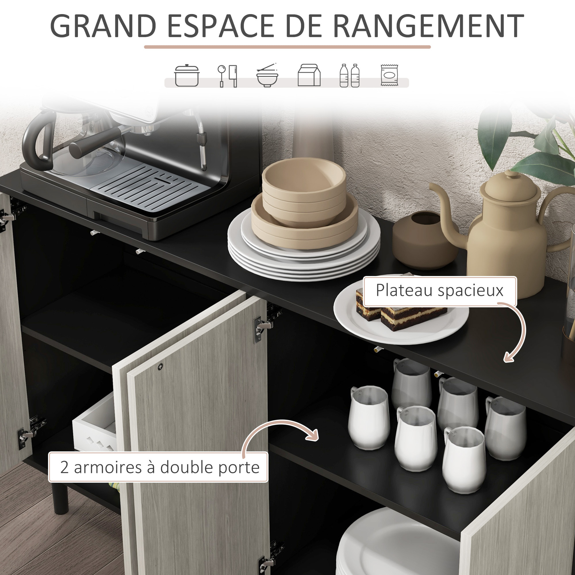 Buffet design contemporain - 4 portes, 2 étagères - dim. 121L x 37l x 75H cm - piètement effilé pin noir aspect bois gris