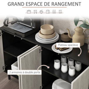 Buffet design contemporain - 4 portes, 2 étagères - dim. 121L x 37l x 75H cm - piètement effilé pin noir aspect bois gris