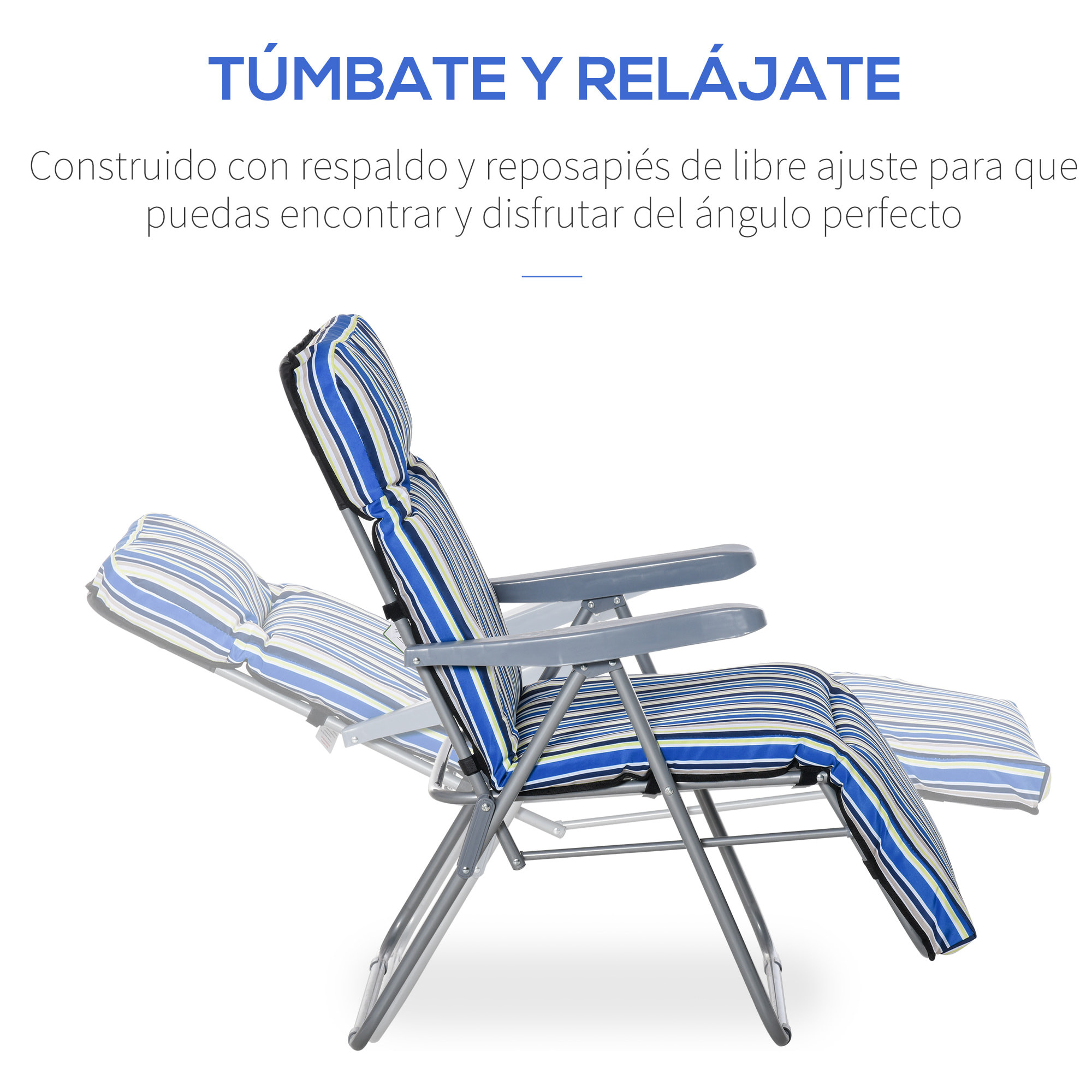2 Tumbonas Plegables Tumbonas de Jardín de Acero con Cojín Acolchado Respaldo Ajustable en 5 Posiciones y Reposapiés 60x75x65-102 cm Rayas Azul