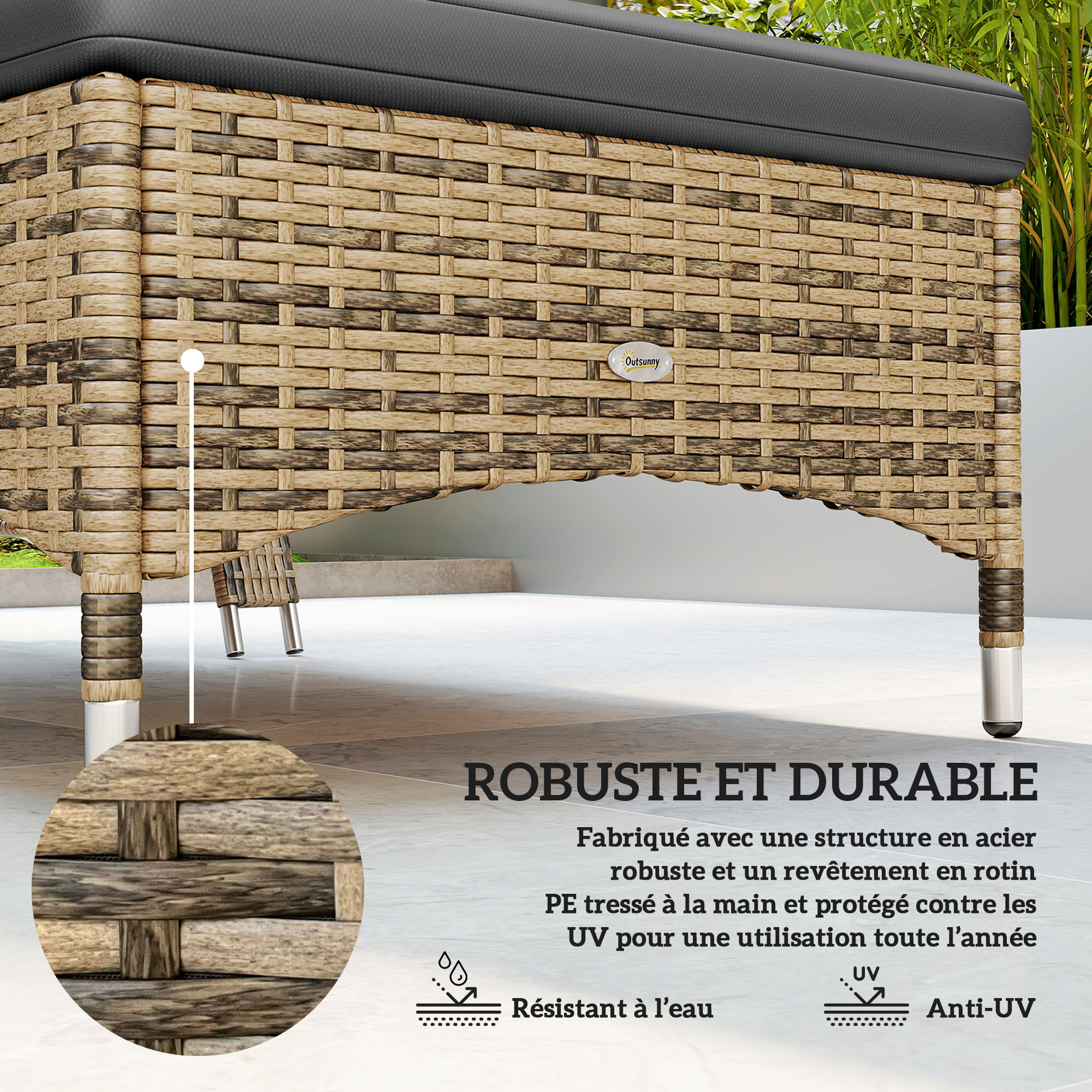 Transat bain de soleil grand confort : matelas, têtière, inclinaison réglable multipositions, accoudoirs, roulettes résine tressée beige