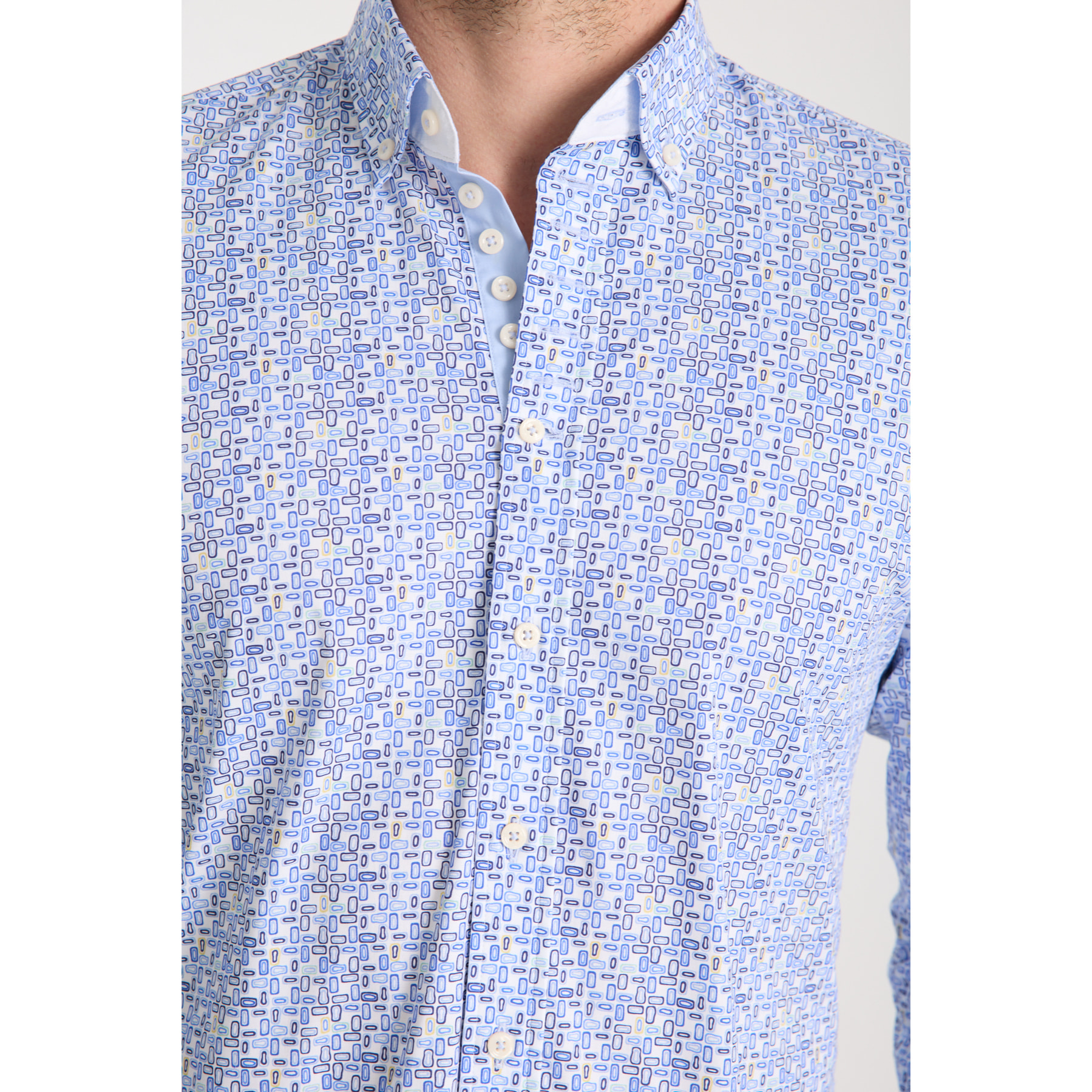 Camicia Uomo 1 Bottoni Button Down Slim Popeline Stretch Stampato Bianco\Blu Inchiostro