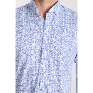 Camicia Uomo 1 Bottoni Button Down Slim Popeline Stretch Stampato Bianco\Blu Inchiostro