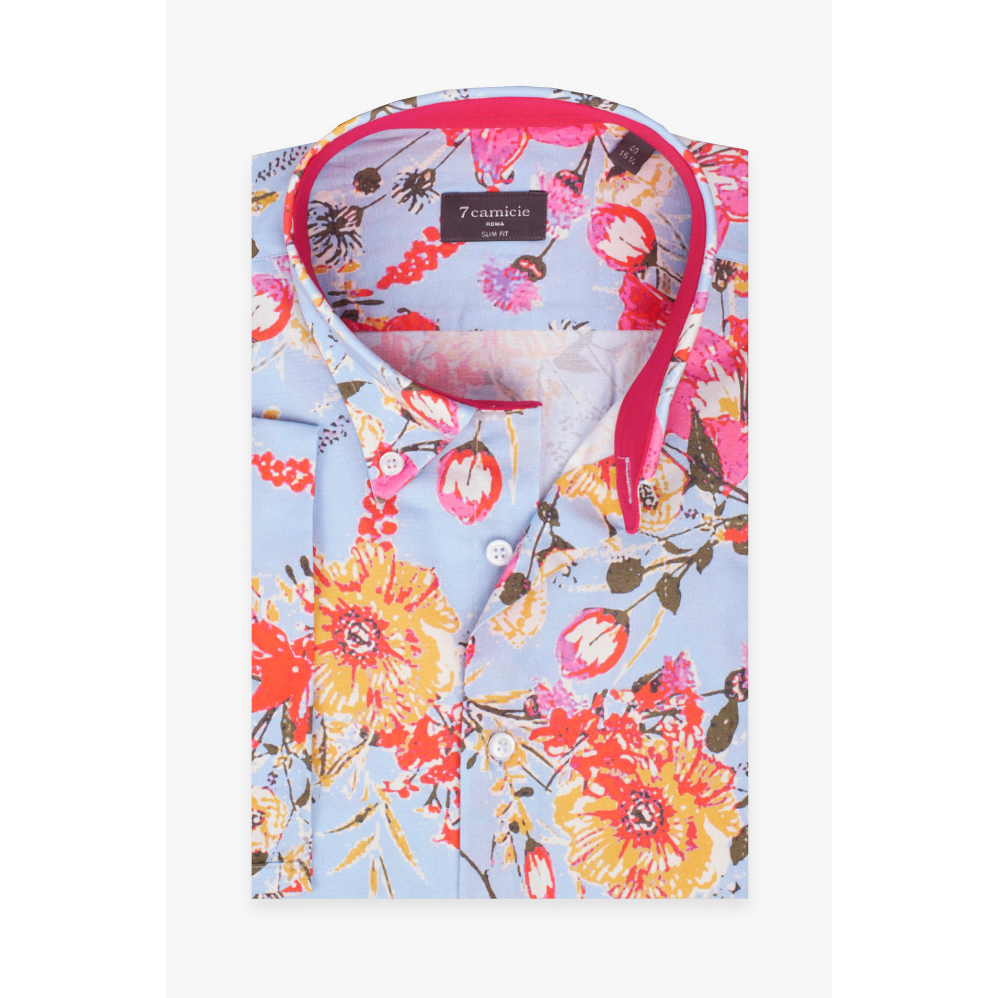 Camicia Uomo 1 Bottone Button Down Manica Corta Slim Popeline Stampato Celeste Rosso Corallo