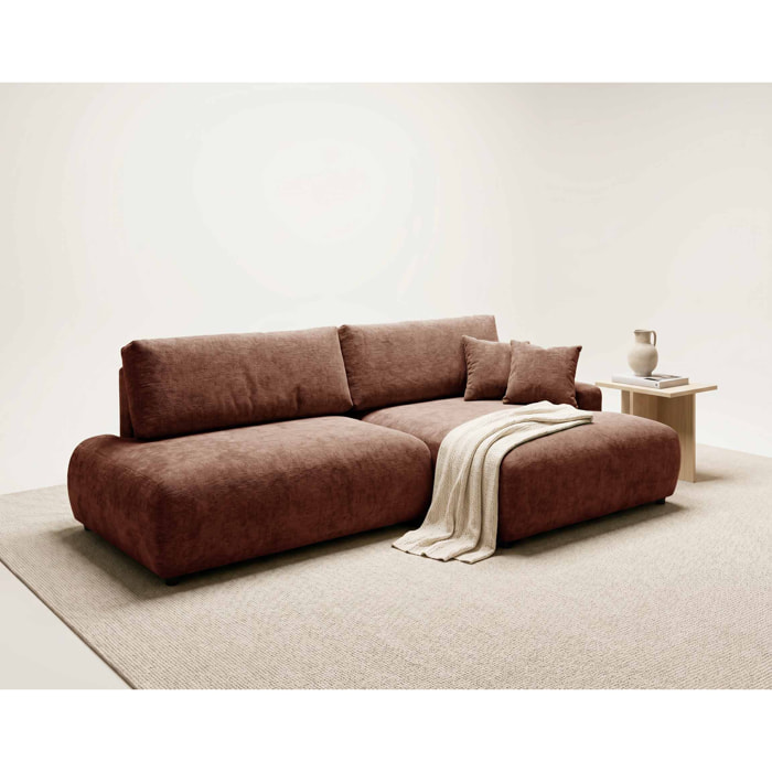 Pivoine - Canapé d'angle ouvert droit 4 places convertible avec coffre en tissu texturé - Terracotta