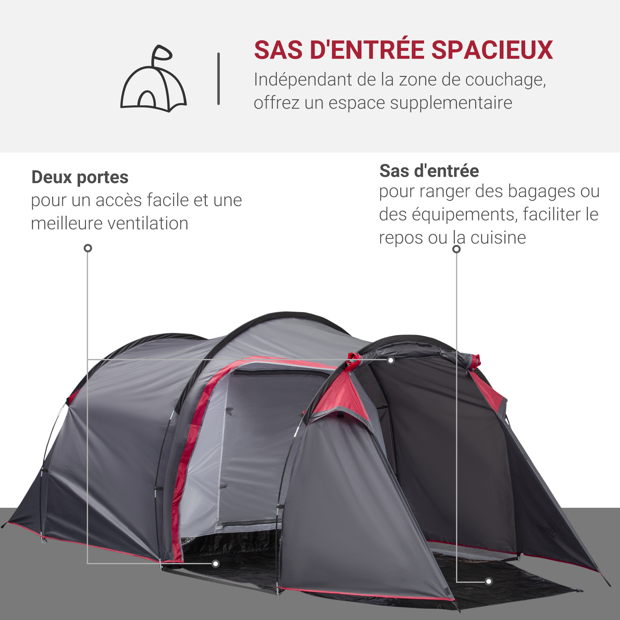 Tente de camping 2-3 personnes montage facile 3 portes fenêtres dim. 4,26L x 2,06l x 1,54H m fibre verre polyester PE gris