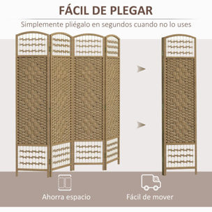 Biombo Separador de Ambientes de 4 Paneles 160x170 cm Divisor de Habitación Plegable de Cuerda de Papel y Marco de Madera Decoración para Dormitorio Salón Natural