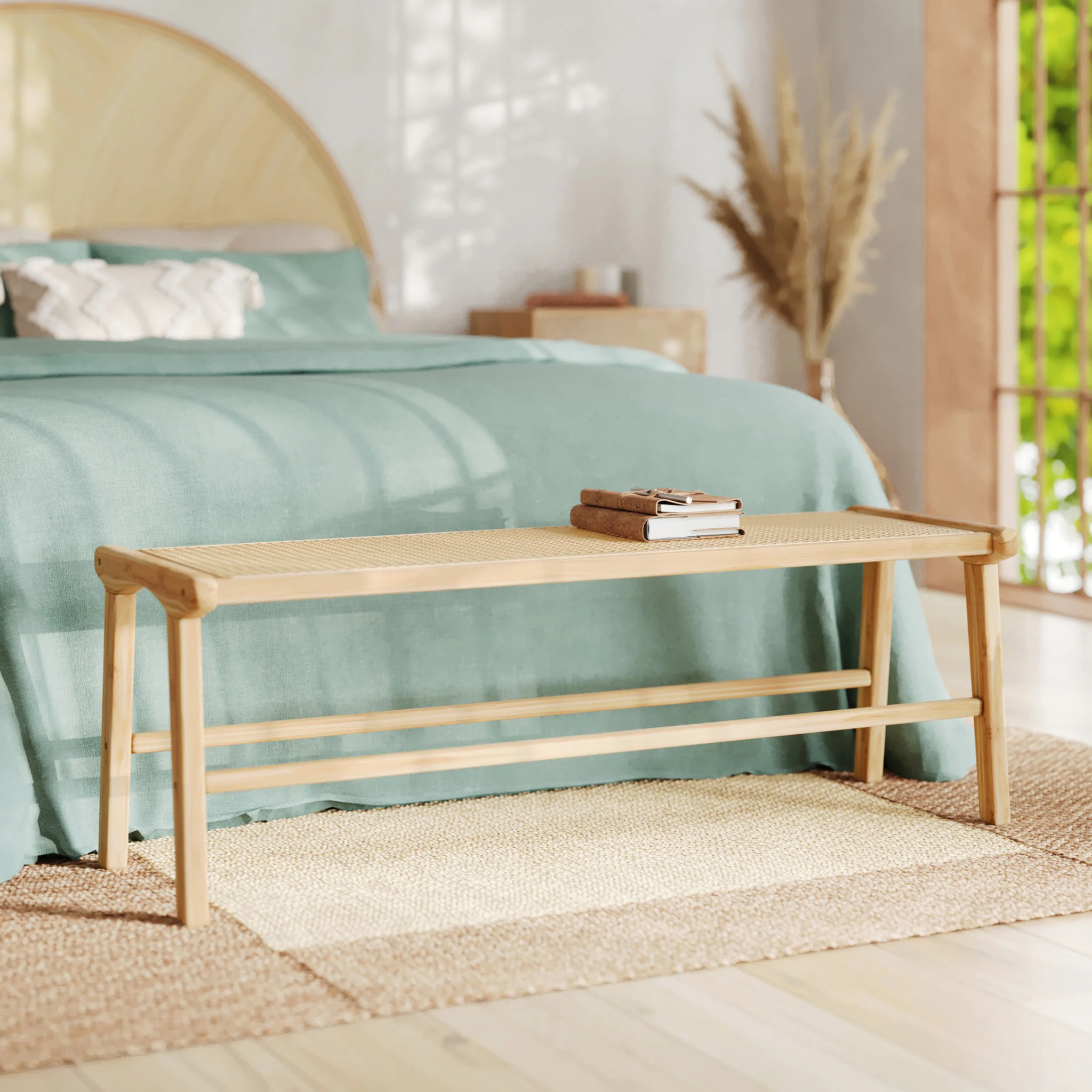 Banc 120 cm en bois de teck et cannage - Kuna