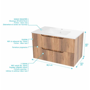 Meuble et colonne de Salle de Bains LEON 80cm Décor Bois - Façades Ondulées - Vasque Blanche Mate
