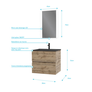 Meuble salle de bain 60x54 - Finition chene naturel + vasque noire + miroir Led - TIMBER 60 - Pack08