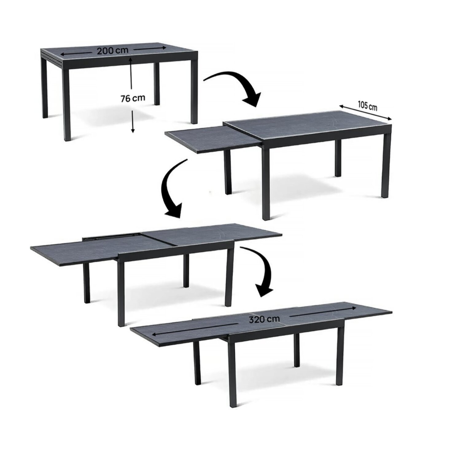 Salon de jardin repas "Lagos" - 200/320 x 105 x 76 cm - 12 chaises - Gris clair