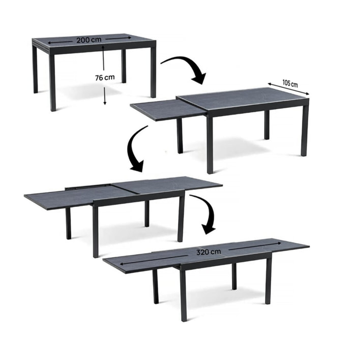Salon de jardin repas "Lagos" - 200/320 x 105 x 76 cm - 12 chaises - Gris clair