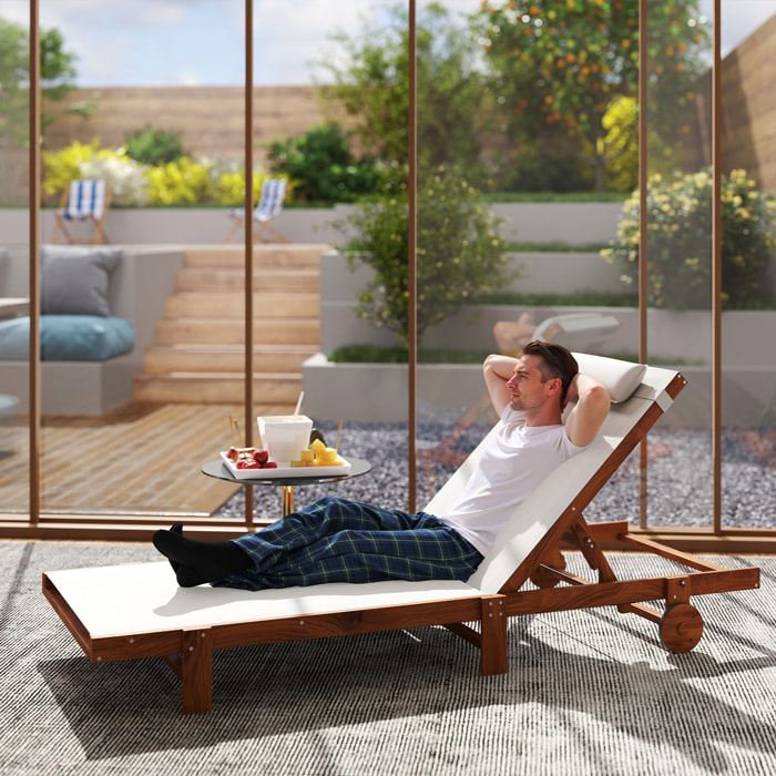 Tumbona Reclinable de Madera con Ruedas Tumbona Jardín Exterior con Respaldo Ajustable en 4 Niveles y Reposacabezas Carga 120 kg para Patio Terraza Balcón 200x84x101 cm Blanca y Teca