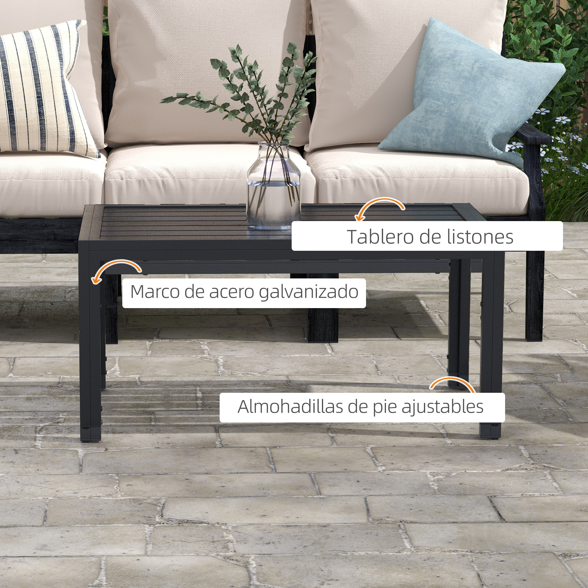 Mesa de Centro de Jardín Rectangular, Mesa Auxiliar con Estructura de Acero Galvanizado y Superficie de Tablillas, Mesita de Café para Patio, Balcón, Terraza o Porche, Negro