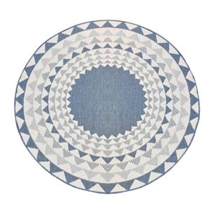 Tapis d'extérieur rond et  Reversible, tapis de grand diamètre blanc et bleu