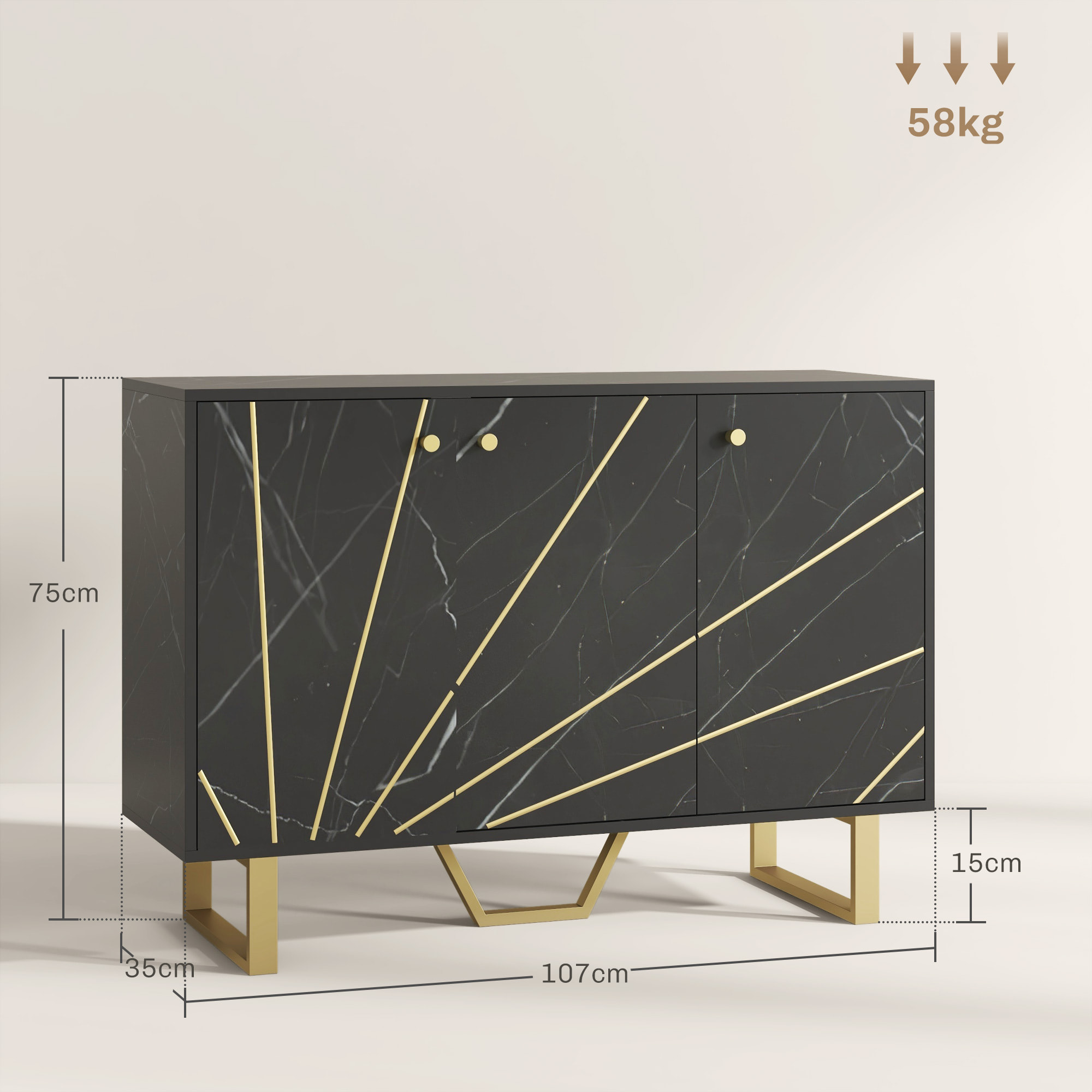 Buffet design - 3 portes, 2 étagères - dim. 107L x 35l x 75H cm - métal doré aspect marbre noir