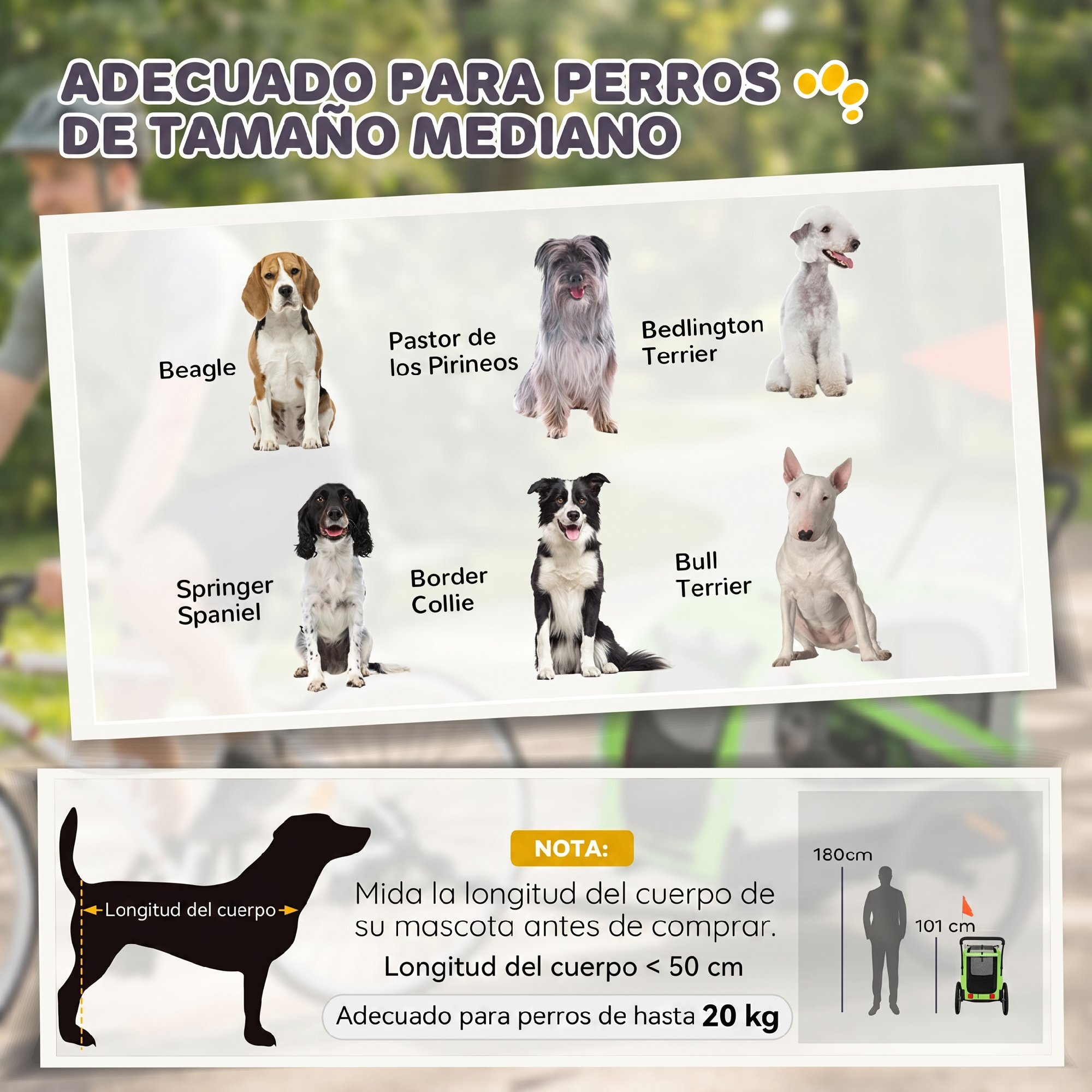 Remolque de Bicicleta para Perros 2 en 1, Carrito para Perros Medianos y Gatos Plegable con Cinturón de Seguridad, Bandera y Reflectores, Carga 20 kg, 134x62x101 cm, Verde