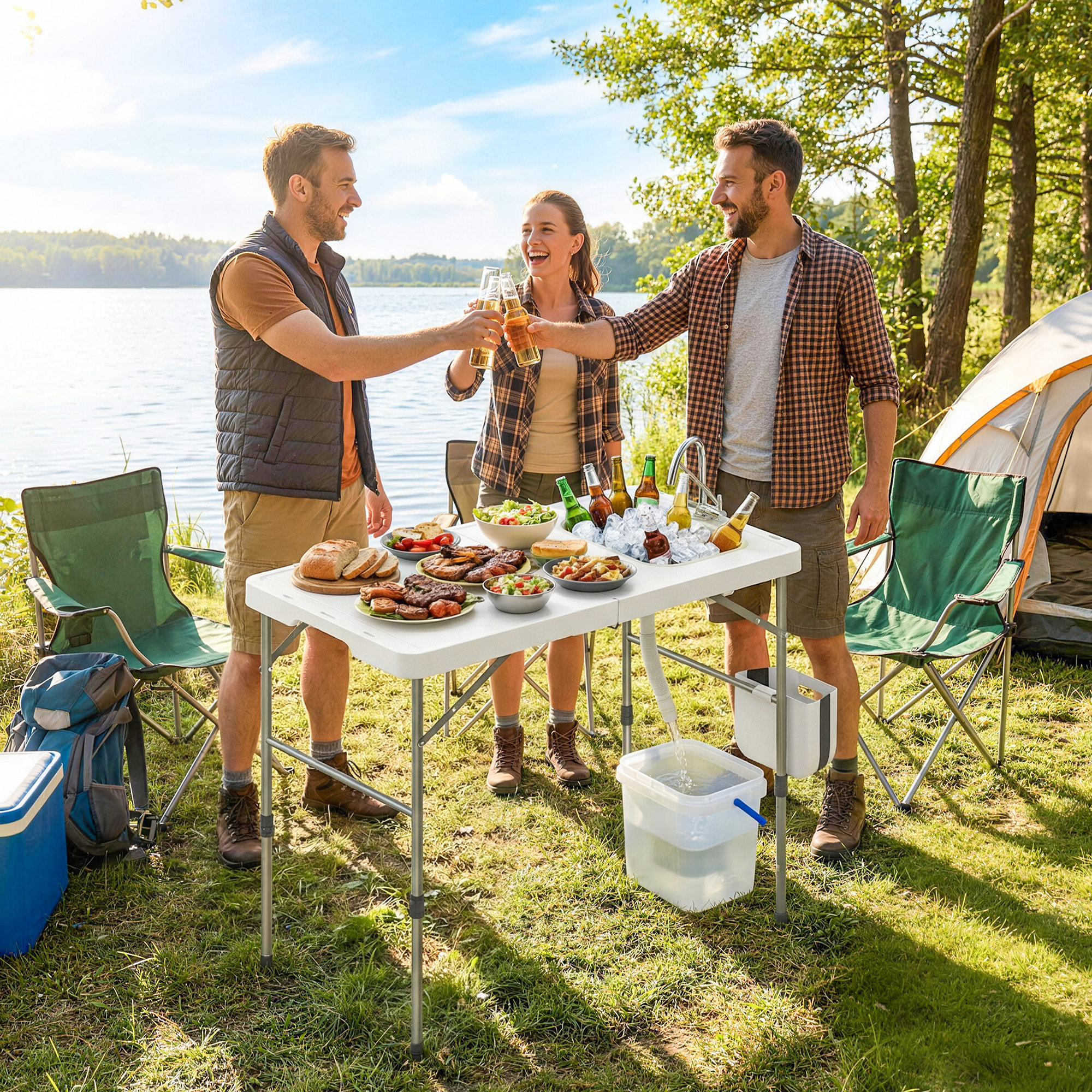 Mesa de Limpieza de Pescado Portátil, Mesa Plegable Camping con Altura Regulable, Grifo, Fregadero y Cesta Plegables, Manguera, Bolsa de Transporte, Regla, Ranuras, Estación de Limpieza Pesca