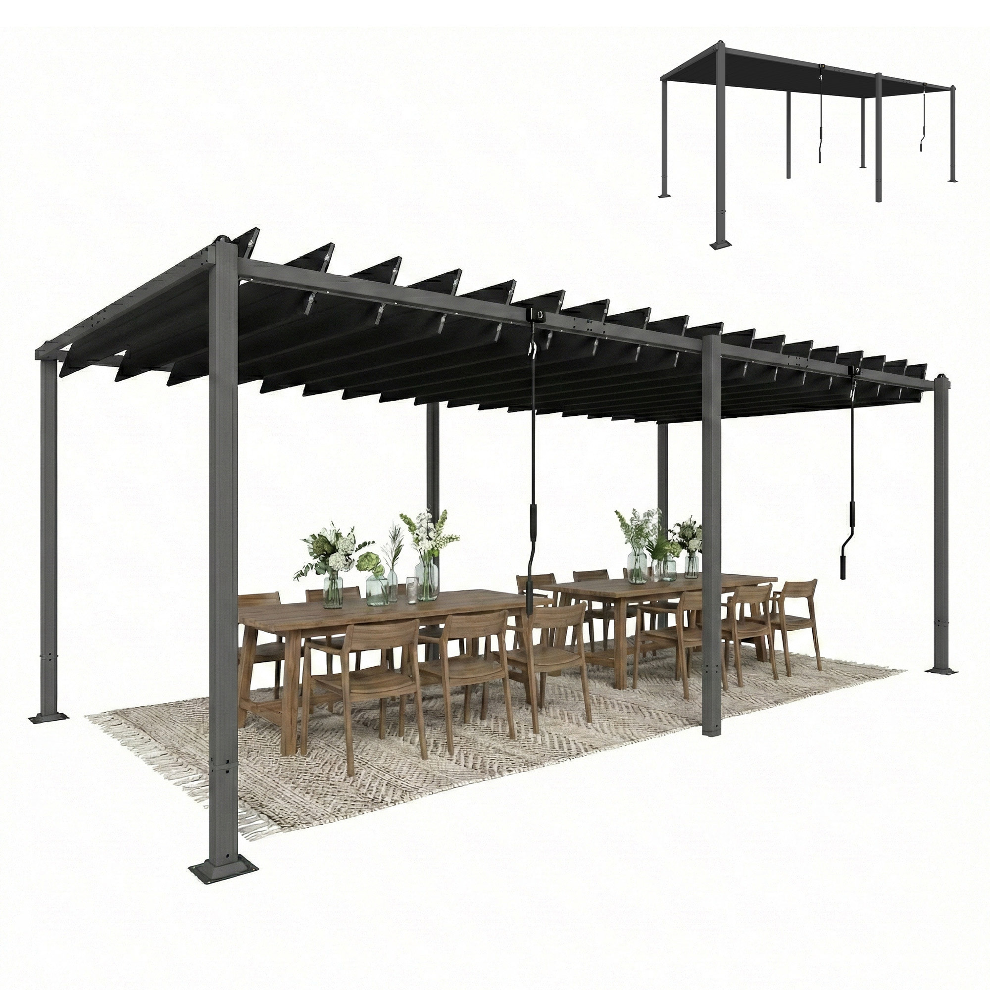 Pérgola de Jardín 3x5,7 m, Cenador de Jardín con Techo de Lamas Ajustable a 90°, Manivela, Estructura de Aluminio, Protección UPF50+, Pabellón para Exterior, Patio, Terraza, Gris Oscuro
