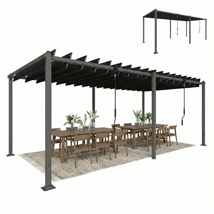 Pérgola de Jardín 3x5,7 m, Cenador de Jardín con Techo de Lamas Ajustable a 90°, Manivela, Estructura de Aluminio, Protección UPF50+, Pabellón para Exterior, Patio, Terraza, Gris Oscuro
