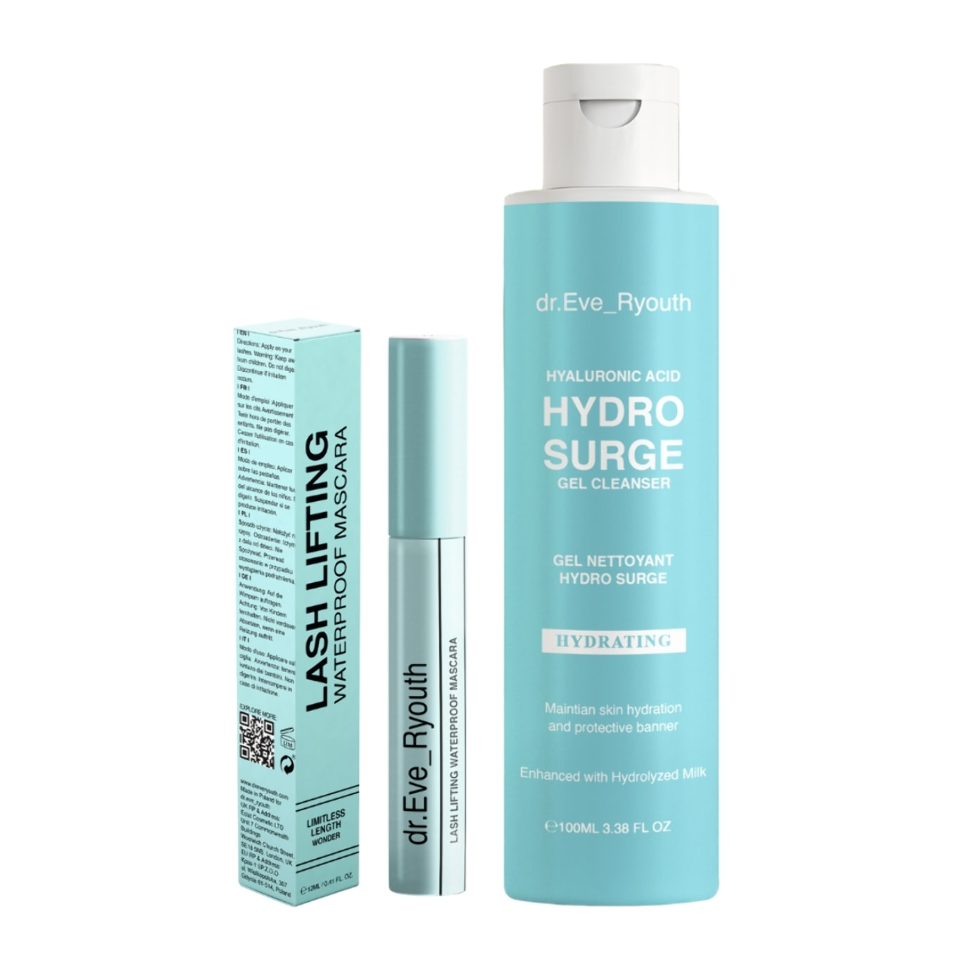 Máscara de pestañas resistente al agua con efecto lifting + gel limpiador Hydro Surge con ácido hialurónico