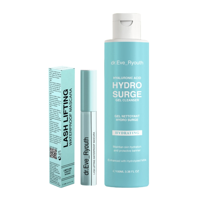 Máscara de pestañas resistente al agua con efecto lifting + gel limpiador Hydro Surge con ácido hialurónico