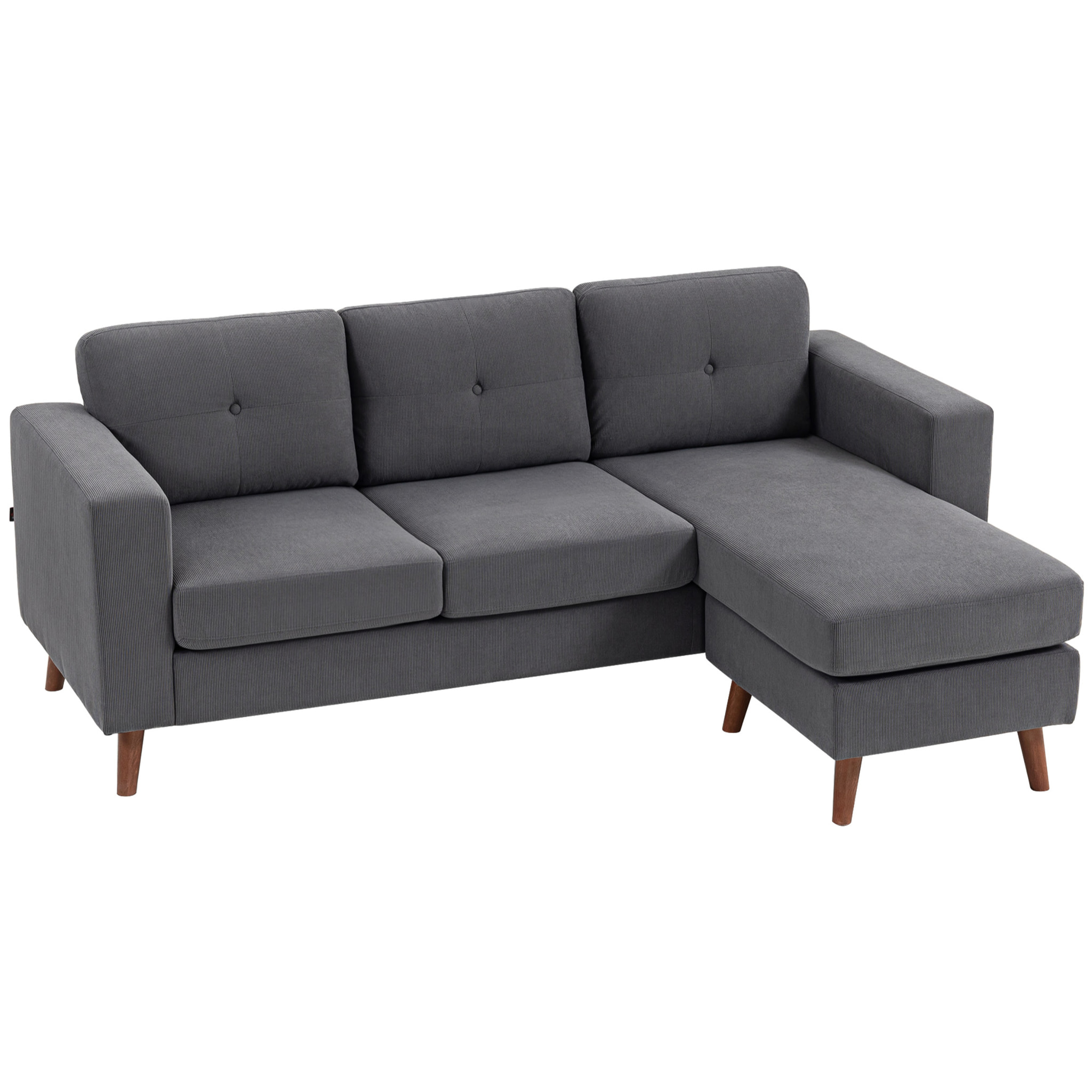 Sofá Chaise Longue Reversible, Sofá Esquinero en Forma de L de 3 Plazas, Tapizado en Pana, Marco de Acero, para Espacios Reducidos, Salón, 192x137x84 cm, Gris Oscuro