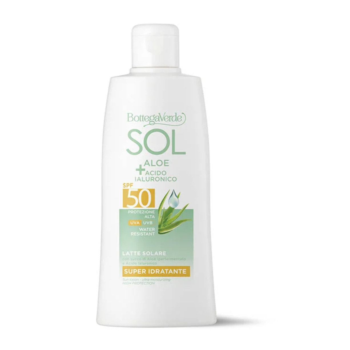 SOL Aloe Acido Ialuronico - Latte solare - super idratante - con succo di Aloe iperfermentato e Acido Ialuronico - protezione alta SPF50 - water resistant