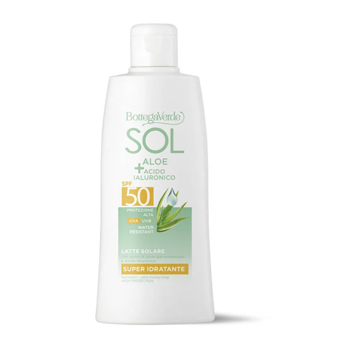 SOL Aloe Acido Ialuronico - Latte solare - super idratante - con succo di Aloe iperfermentato e Acido Ialuronico - protezione alta SPF50 - water resistant